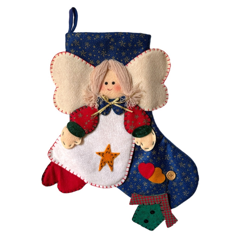 Vtg Angel Christmas Stocking Blue Felt Applique 19 Inch Lined Folk Art Farmhouse